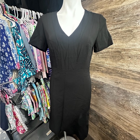 White House Black Market Black Ribbed V-Neck Sheath Dress - Picture 1 of 11